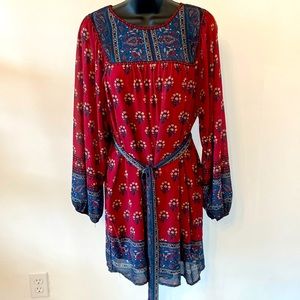 Flying Tomato Burgundy Blue Floral Belted Dress Flowing Size Medium